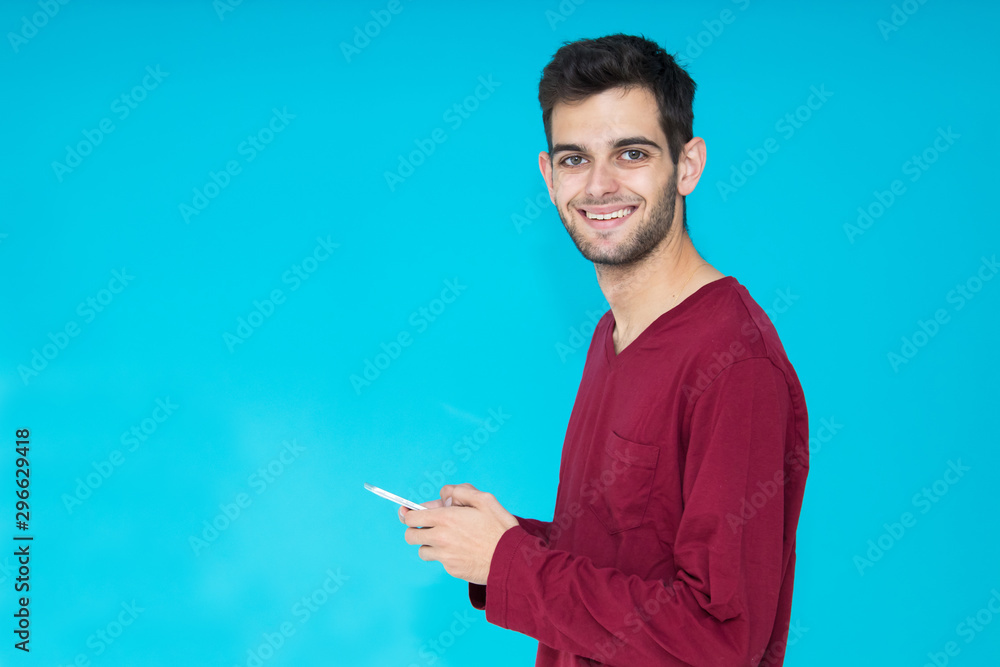 man with smartphone or mobile phone isolated on color background man with smartphone or mobile phone isolated on color background