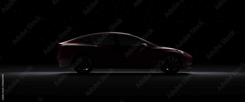 Back Light Electric Sports Car 3d Render with red car paint in Black Background. Tesla Model 3. - obrazy, fototapety, plakaty 