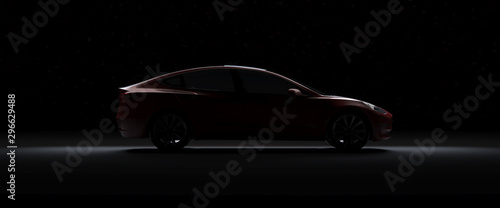 Back Light Electric Sports Car 3d Render with red car paint in Black Backgrou...