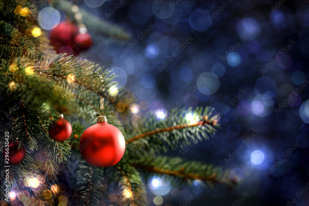 Decoration of christmas tree and free space for your text. Winter background  - obrazy, fototapety, plakaty 