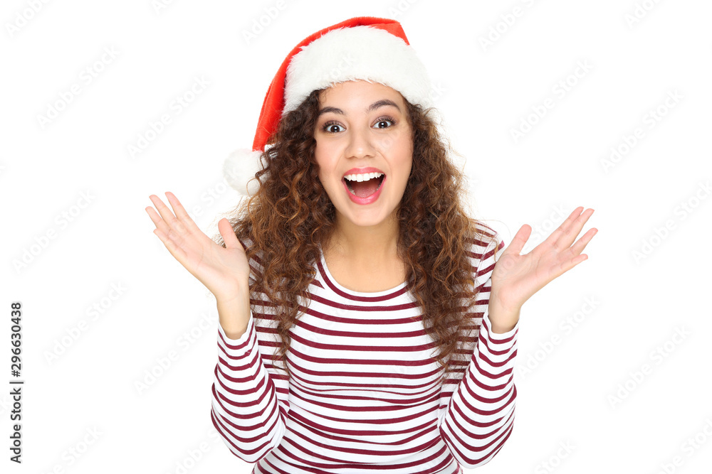 Beautiful american woman in santa hat isolated on white background Beautiful american woman in santa hat isolated on white background