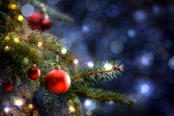 Decoration of christmas tree and free space for your text. Winter background 