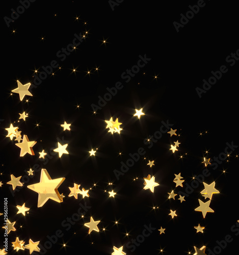 Golden stars falling. New year, Christmas card - 3d render illustration. Awarding, celebrating and greeting - poster with copy space. Luxury, rich party event advert. Golden shop sales, price drop