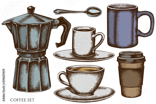 Vector set of hand drawn colored coffee cups, teaspoon, paper cup, espresso cup, coffee pot, cups