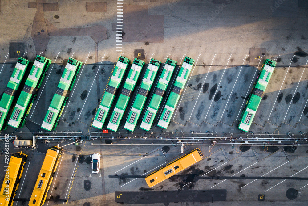 elevated view of busses in a parking lot