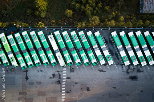 elevated view of busses in a parking lot