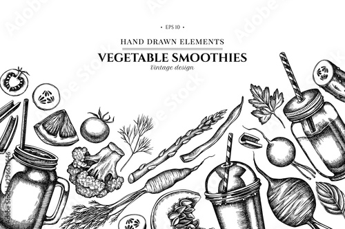 Floral design with black and white lemons, broccoli, radish, green beans, cherry tomatoes, beet, greenery, carrot, basil, pumpkin, smoothie cup, smothie jars, cucumber, celery