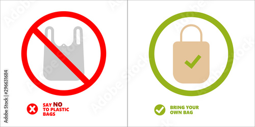 Pollution problem concept. Say no to plastic bags, bring your own textile bag. Cartoon styled images with signage calling for stop using disposable polythene package. Vector forbidden sign.