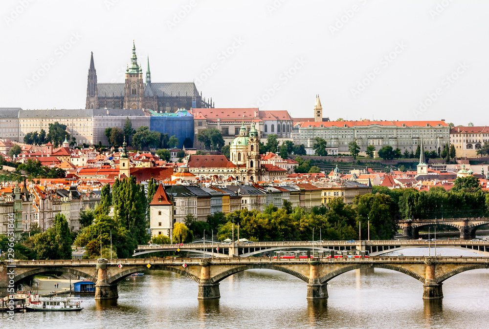 View of the bridges over the Vltava and Prague castle in Prague.