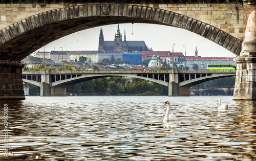 View of the bridges over the Vltava and Prague castle in Prague. © toshket