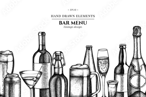 Floral design with black and white glass, champagne, mug of beer, alcohol shot, bottles of beer, bottle of wine, glass of champagne, glass of wine, glass of martini, aluminum can