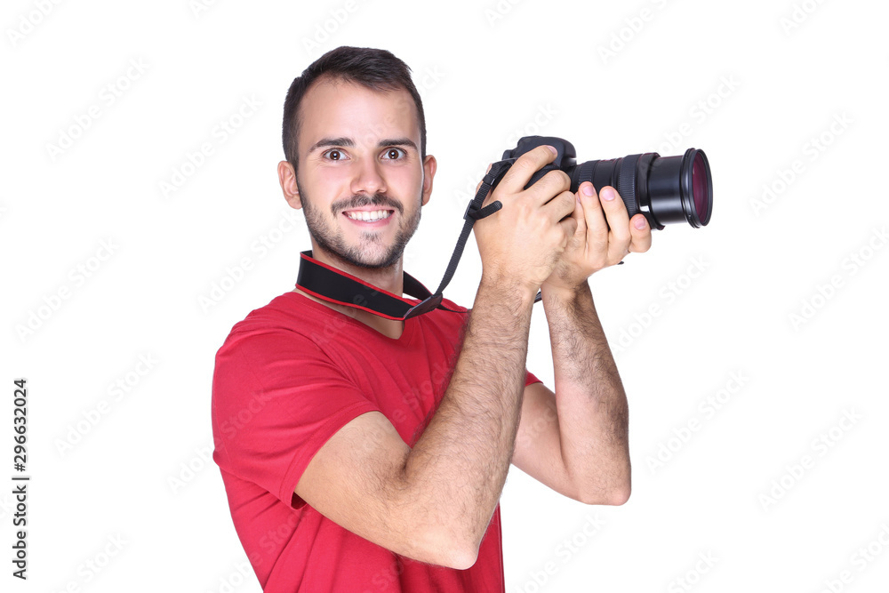 Young photographer with camera on white background Young photographer with camera on white background