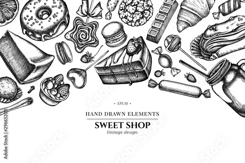 Floral design with black and white cinnamon, macaron, lollipop, bar, candies, oranges, buns and bread, croissants and bread, strawberry, milk boxes, smoothie cup, lollipop, smothie jars, cheesecake