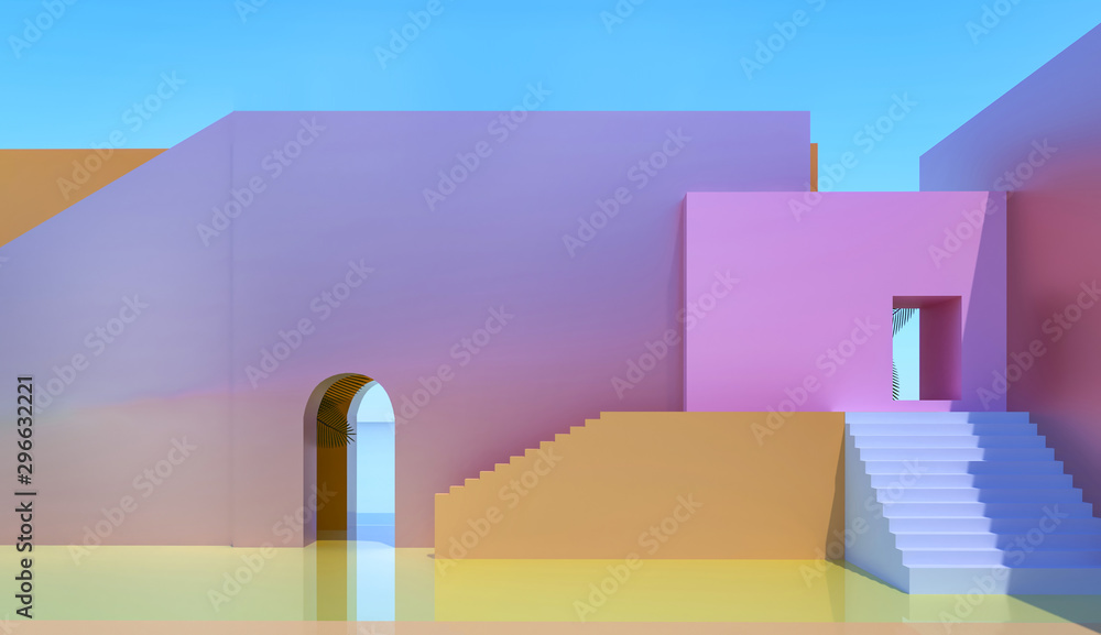 Arch, pink exit to beach. Stairs, steps, construction - abstract architecture background. Tropical palm trees - travel, tourism in hot countries. 3d render illustration. Party poster near ocean, sea