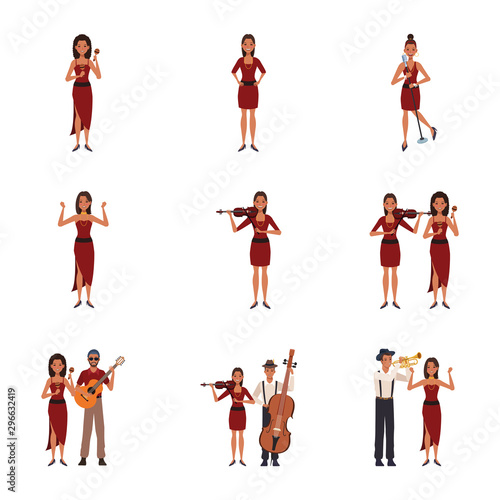 set of cartoon musicians women and men with instruments