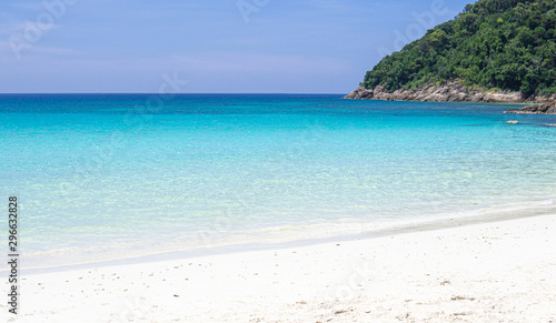 Redang, Malaysia. Panorama of beautiful tropical sea front whit empty white beach. Concept of dream holidays an honeymoon