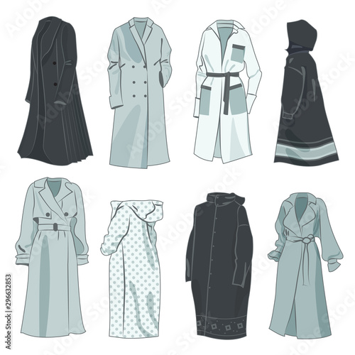 Set of autumn women's raincoats and coats, beautiful, different models, isolated on white background