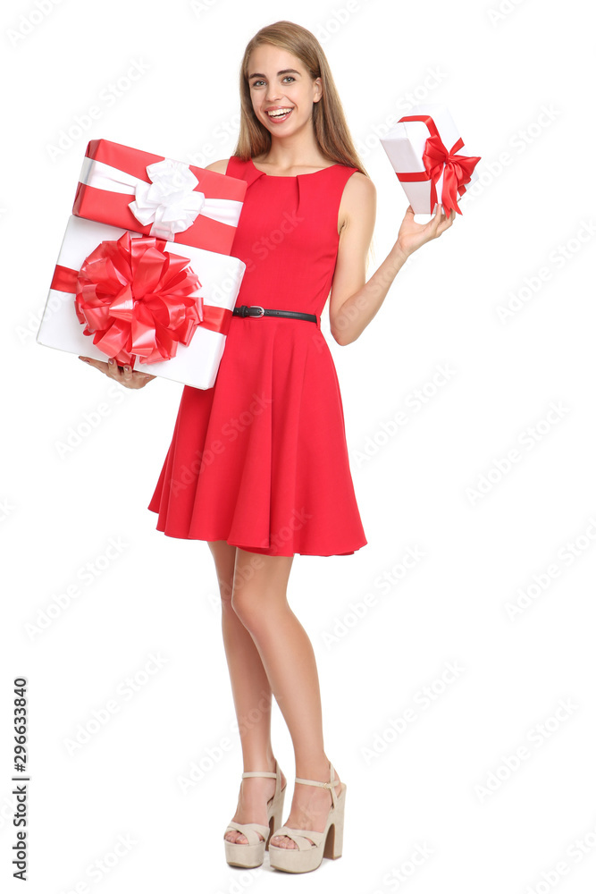 Beautiful woman holding gift boxes on white background Beautiful woman holding gift boxes on white background