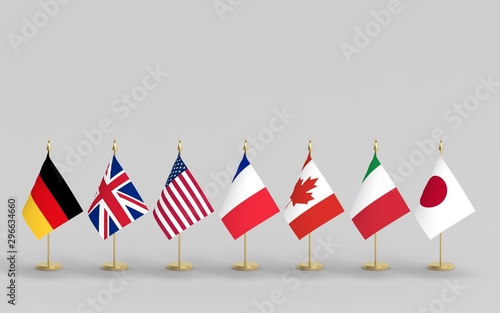 G7 table flags, 3d render. Flags of Group of Seven countries:  Canada, France, Germany, Italy, Japan, the United Kingdom, USA. photo