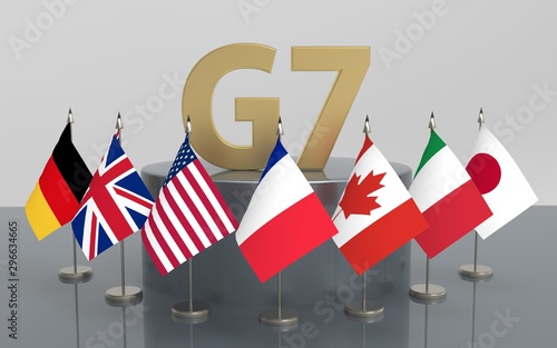 G7 table flags, 3d render. Flags of Group of Seven around podium, countries:  Canada, France, Germany, Italy, Japan, the United Kingdom, USA. photo