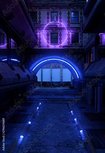 Plakat Fotorealistyczna ilustracja 3D ulicy w futurystycznym mieście. Scena nocna z oświetleniem neonowym. Pejzaż miejski w stylu cyberpunk. Ciemny krajobraz miejski.