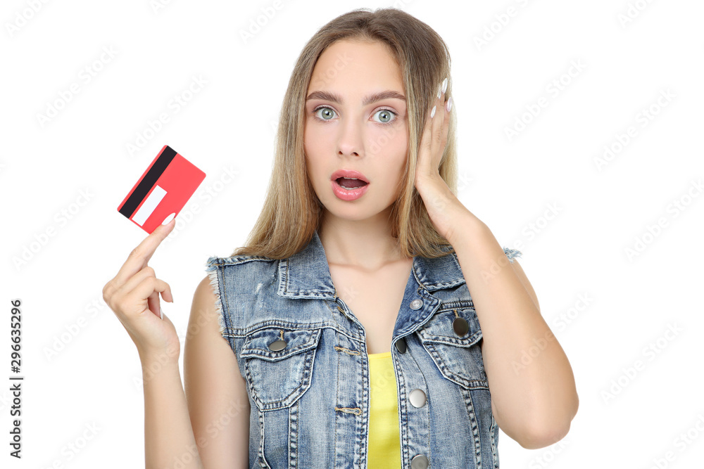 Beautiful young woman holding credit card on white background Beautiful young woman holding credit card on white background