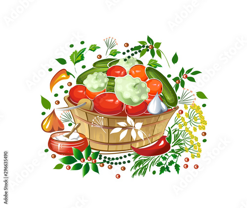 Pickled vegetables in a wooden tub, tomatoes, cucumbers, squash. Vector illustration.