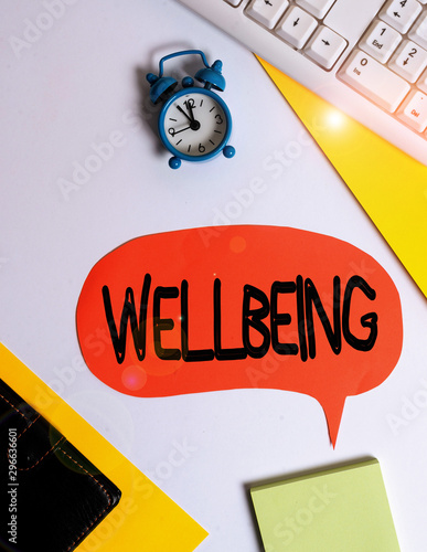 Word writing text Wellbeing. Business photo showcasing A good or satisfactory condition of existence including health Flat lay with copy space on bubble paper clock and paper clips