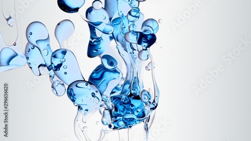 Cuadro en lienzo transparent blue oil bubbles and fluid shapes in purified water on a white gradient background