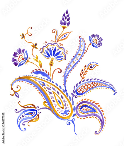 Bouquet in paisley style, decorative composition for design, watercolor painting on isolated white background.