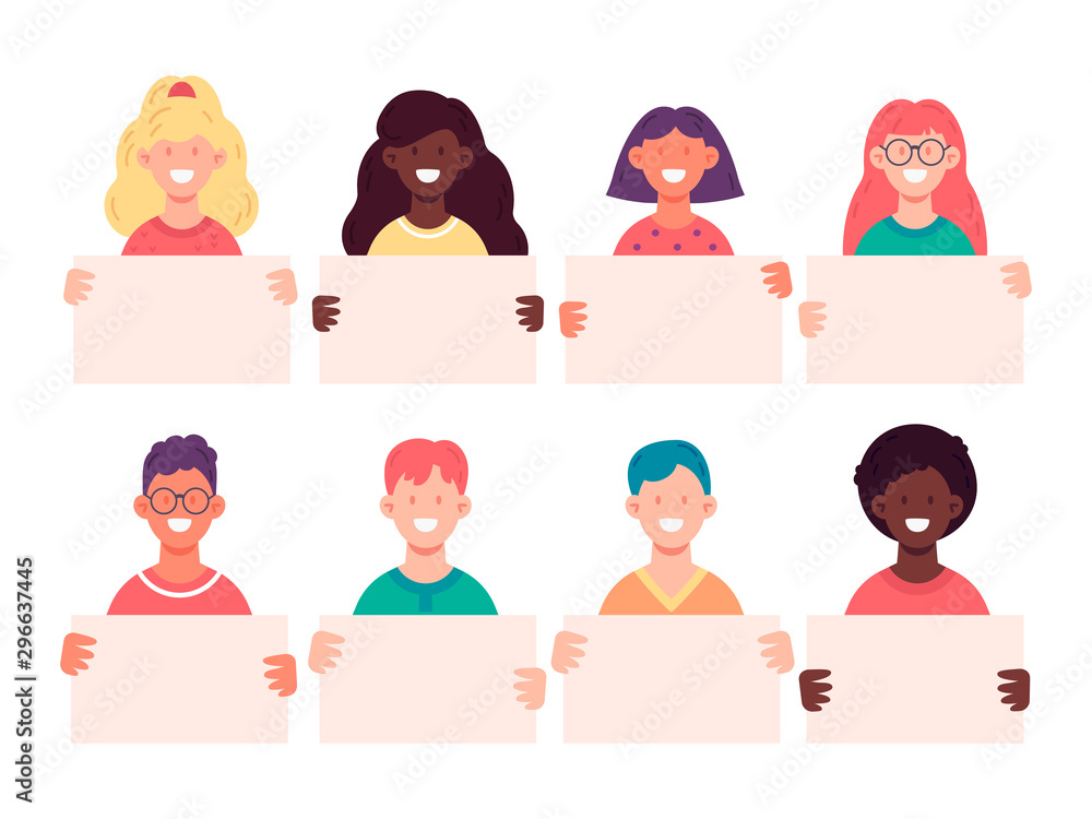 Smiling young people holding empty banners. Vector illustration of ...