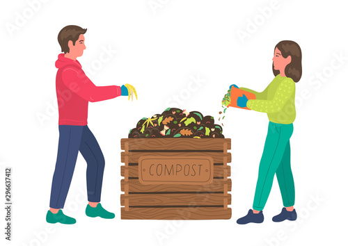 Composting. Man and woman making compost. Recycling concept. 