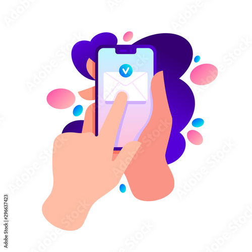 Hand holding phone with message envelope. Finger touch screen. Sending message concept. Vector flat cartoon illustration for web sites and banners design