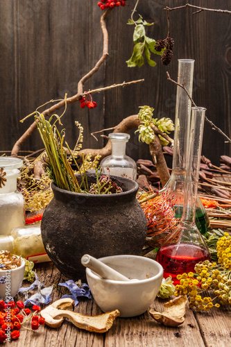 Witch's Laboratory. Alchemical equipment, Halloween concept