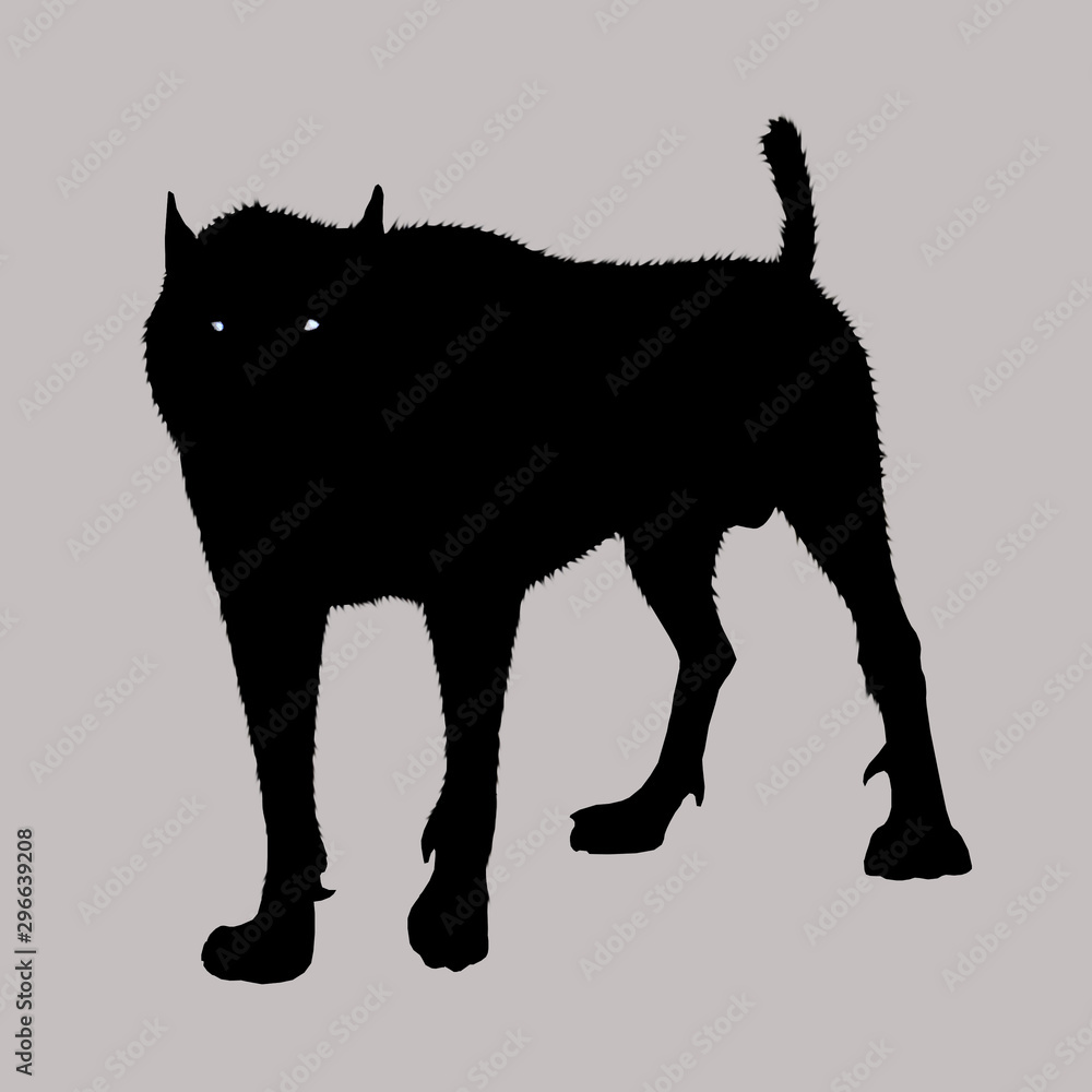 Monster dog illustration. Fantasy hound drawing. Black breed.