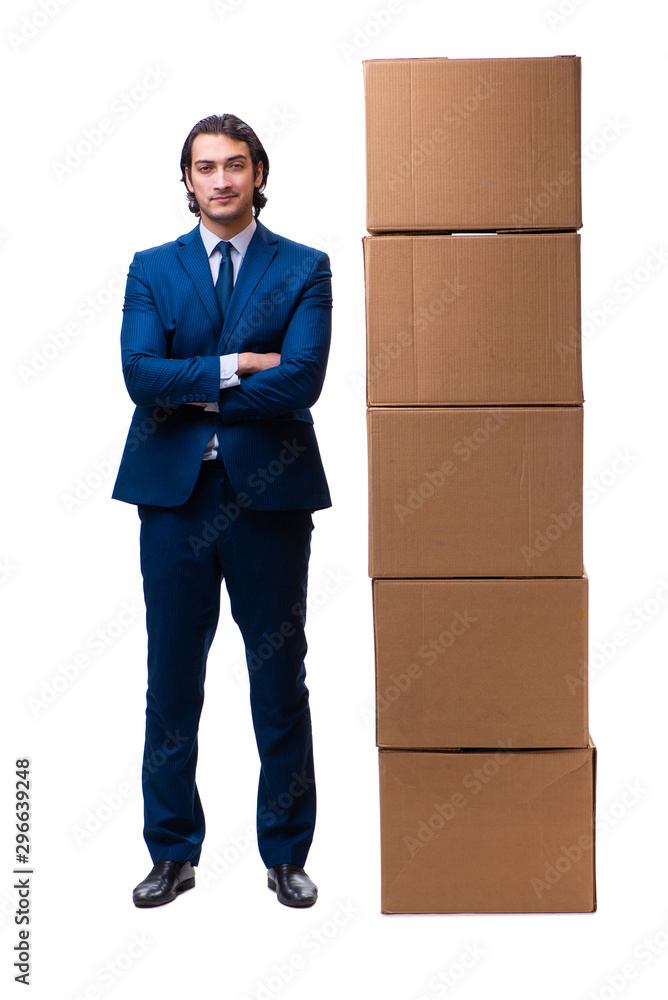 Young male employee with boxes isolated on white Young male employee with boxes isolated on white