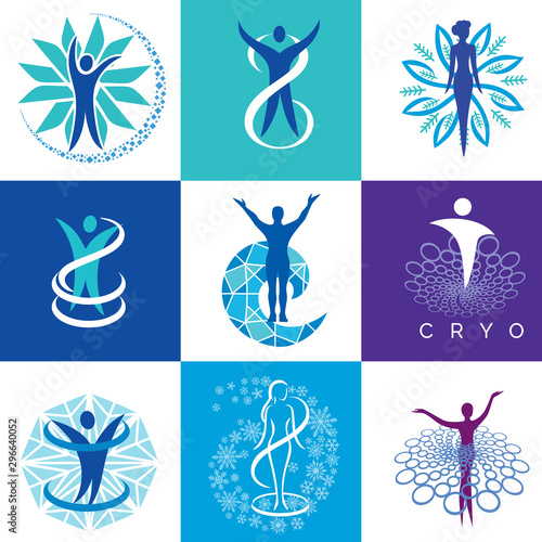 Vector logo for cryotherapy. Concept for Spa freeze technology.  Set of body cryotherapy Icons.