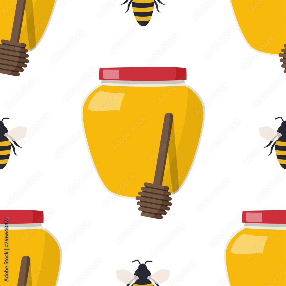 Seamless pattern with drawing yellow bees and a jar of honey. Food background. Seamless pattern with drawing yellow bees and a jar of honey. Food background.