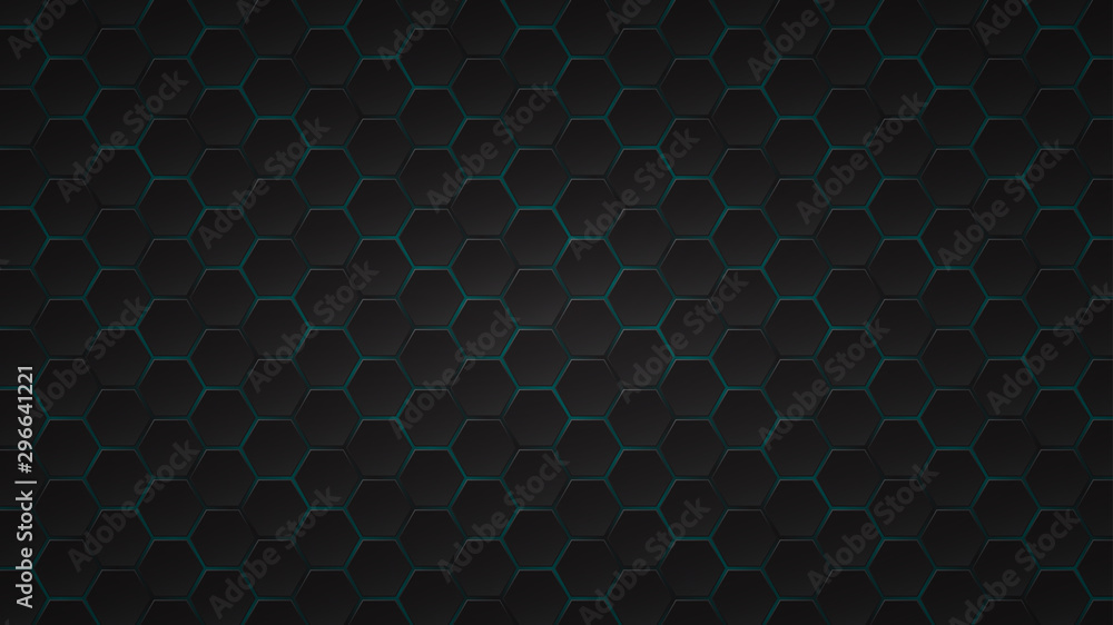 Abstract dark background of black hexagon tiles with light blue gaps between them Abstract dark background of black hexagon tiles with light blue gaps between them