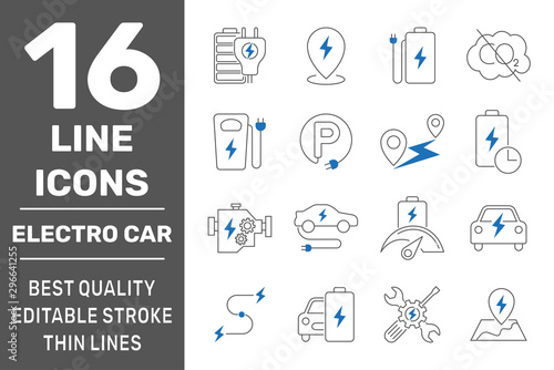 Simple set of electro car related vector line icons. Contains such icons as charger station, travel distance, battery of car and more. Editable Stroke. EPS 10.