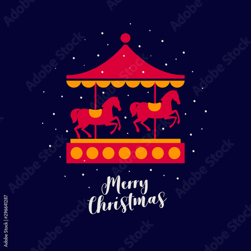 Image of festive carousel with red horses under falling snow. Decorative composition is ideal for Christmas and New Year's cards, posters. Vector colorful illustration.