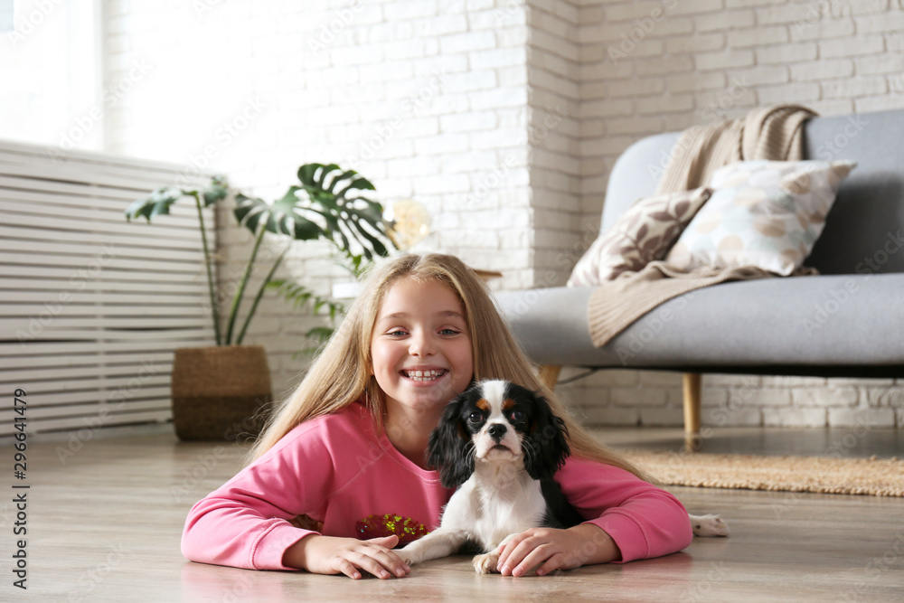 Portrait of little girl with long blonde straight hair playing with black and white Cavalier King Charles Spaniel puppy at home. Child with her pet friend. Lofty interior design. Close up, copy space.