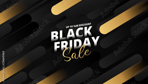 Upto 50% discount offer for Black Friday Sale text on golden and black gradient lines background. Can be used as poster or template design.