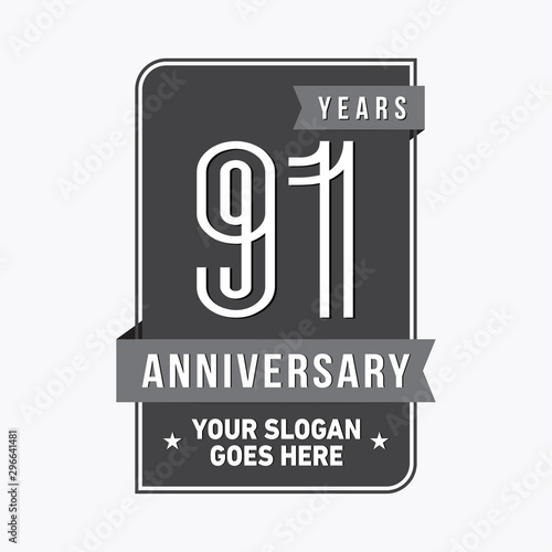 91 years anniversary design template. Ninety-one years celebration logo. Vector and illustration.