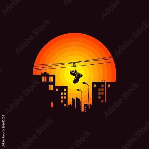 City illustration. Shoes on wire in the street. Urban style background. T shirt design, label, logo, print, art. photo