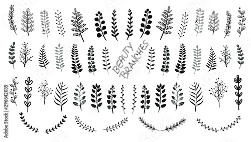 Branches for Wreath with Leaves vectors. Vintage set of hand drawn tree branches with leaves on white background. Collection Branches