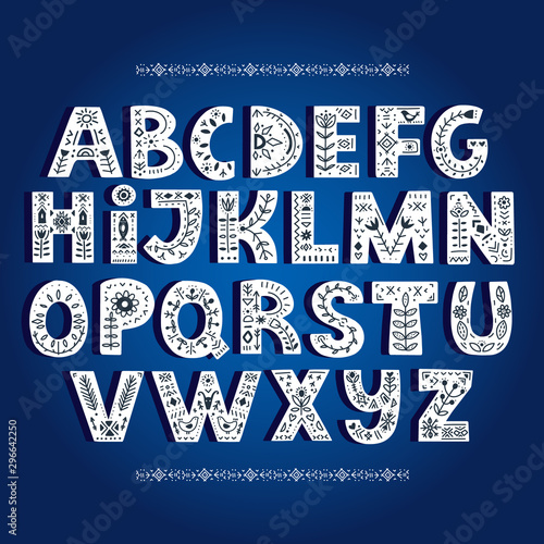 Bold alphabet decorated with nordic folk ornaments