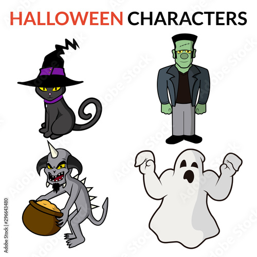 Four different kind of Halloween characters for illustrations and designs. Cat witch, Frankenstein, Ghost and Monster/demon