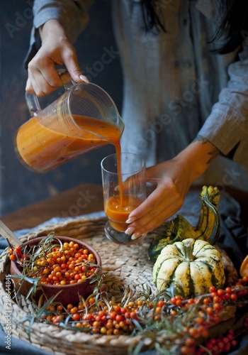 Brown table with common sea buckthorn drink and berreis Homemade sea buck thorn liqueur, Hippophae rhamnoides, on the wooden board.  Brown tabl sea buckthorn pumpkin smoothie, fresh vegan autumn drink photo