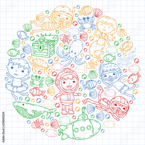 Underwater. Kids waterpark. Sea and ocean adventure. Summertime. Kids drawing. Doodles image. Cartoon creatures with children. Boys and girls swimming